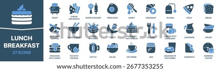 Lunch and breakfast fill icon collection. Icons of food, drinks, and morning meals with various dishes