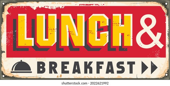 Lunch and breakfast retro 1950s tin sign template. Vintage diner signage. Vector restaurant sign board advertisement. Lunch time ad.