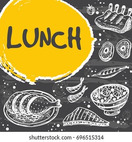 Lunch card design. Hand drawn vector illustration on the chalkboard. Can be used for menu, cafe, restaurant, bar, poster, banner, emblem, sticker, placard and other design.