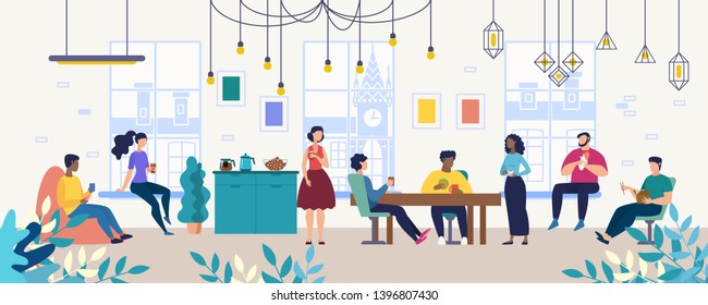 Lunch, Coffee Break With Colleagues In Company, Coworking Office Flat Vector Concept. Multinational Employees, Workers Gathering Together For Informal Conversation On Kitchen, Lounge Room Illustration