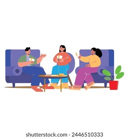 Lunch, Coffee Break with Colleagues in Company, Coworking Office Flat Vector Concept. Multinational Employees, Workers Gathering Together for Informal Conversation on Kitchen, Lounge Room Illustration