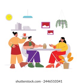 Lunch, Coffee Break with Colleagues in Company, Coworking Office Flat Vector Concept. Multinational Employees, Workers Gathering Together for Informal Conversation on Kitchen, Lounge Room Illustration