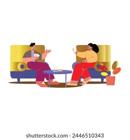 Lunch, Coffee Break with Colleagues in Company, Coworking Office Flat Vector Concept. Multinational Employees, Workers Gathering Together for Informal Conversation on Kitchen, Lounge Room Illustration