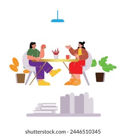 Lunch, Coffee Break with Colleagues in Company, Coworking Office Flat Vector Concept. Multinational Employees, Workers Gathering Together for Informal Conversation on Kitchen, Lounge Room Illustration