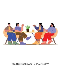 Lunch, Coffee Break with Colleagues in Company, Coworking Office Flat Vector Concept. Multinational Employees, Workers Gathering Together for Informal Conversation on Kitchen, Lounge Room Illustration