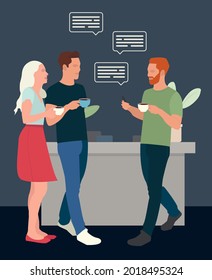 Lunch, Coffee Break With Colleagues In Kitchen, Coworking Office Flat Cafeteria. Meeting Room Office Conversation. Editable Vector Illustration