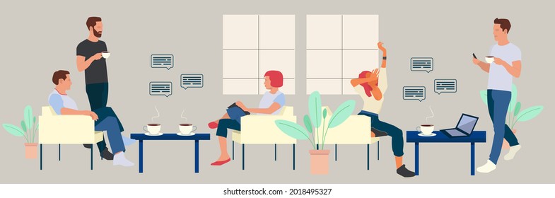 Lunch, Coffee Break with Colleagues in kitchen, Coworking Office Flat cafeteria. Meeting room office conversation. Editable vector illustration