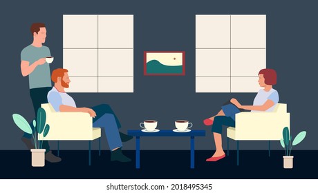 Lunch, Coffee Break with Colleagues in kitchen, Coworking Office Flat cafeteria. Meeting room office conversation. Editable vector illustration