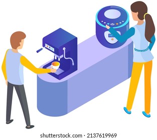 Lunch, coffee break with colleagues in kitchen, Coworking office, managers in cafeteria. Meeting room office conversation. People drinking and talking, positive communication man and woman at home