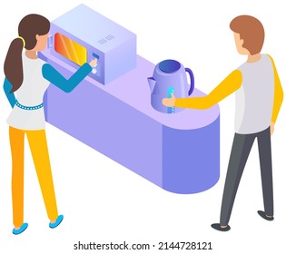 Lunch, coffee break with colleagues in kitchen, Coworking office, managers in cafeteria. Meeting room office conversation. People drinking and talking, positive communication man and woman at home