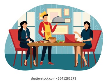 Lunch with colleagues concept. Colleagues dining together while discussing work. A chef serves food in a contemporary setting. - Powered by Shutterstock - Get 15% off with code: PIKWIZARD15