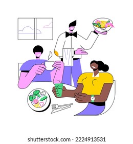 Lunch with colleagues isolated cartoon vector illustrations. Smiling colleagues having lunch in the cafe, people lifestyle, eating out in restaurant, waiter takes the order vector cartoon.