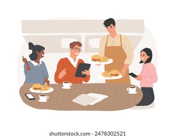 Lunch with colleagues isolated cartoon vector illustrations. Smiling colleagues having lunch in the cafe, people lifestyle, eating out in restaurant, waiter takes the order vector cartoon.