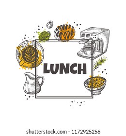 Lunch concept design. Round circle composition. Hand drawn vector illustration. Can be used for menu, cafe, restaurant, poster, banner, logo, emblem, sticker, placard and other design.