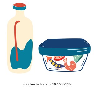 Lunch in a container. Food in a lunch box and a bottle of milk. School, Office Snack in a Plastic Container. Healthy fresh and natural food concept. Healthy Breakfast. Vector flat illustration.