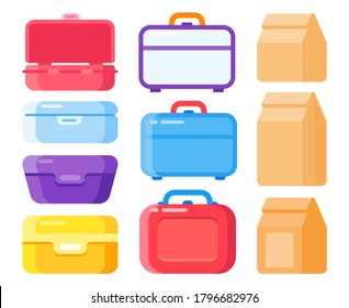 Lunch container set for take away food. Snacks packaging, Lunch meal in disposable bags. Colorful plastic lunchboxes and paper bags to carry homemade food isolated vector illustration