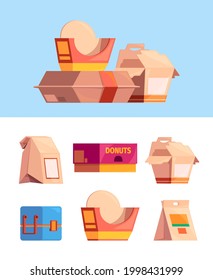 Contenedores para el almuerzo. Cajas de productos para la entrega fácil de envases de cartón y plástico para aperitivos y comidas garish vectorial ilustraciones de color plano