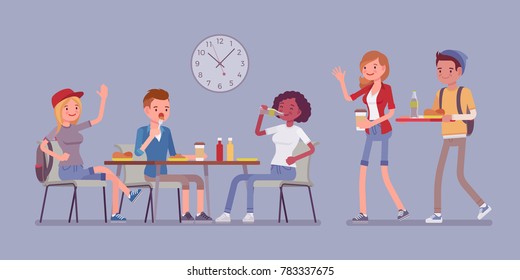 Lunch In Dining Room. Group Of People Have Their Meals And Drink At Table, Meeting Friends, Students Having A Break. Vector Flat Style Cartoon Illustration Isolated On White Background