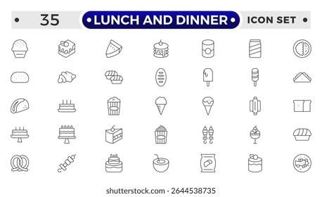Lunch and Dinner Outline icon collection. Meal icon set. Containing food, lunch, eat, dinner, pasta, rice, pizza, salad, soup, breakfast and more.
