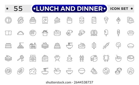 Lunch and Dinner Outline icon collection. Meal icon set. Containing food, lunch, eat, dinner, pasta, rice, pizza, salad, soup, breakfast and more.
