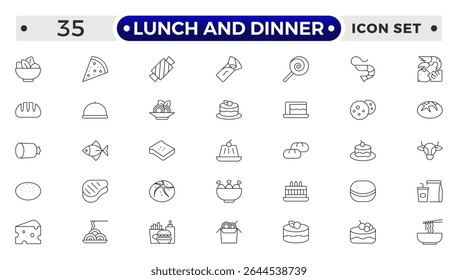 Lunch and Dinner Outline icon collection. Meal icon set. Containing food, lunch, eat, dinner, pasta, rice, pizza, salad, soup, breakfast and more.
