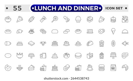 Lunch and Dinner Outline icon collection. Meal icon set. Containing food, lunch, eat, dinner, pasta, rice, pizza, salad, soup, breakfast and more.
