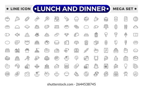 Lunch and Dinner Outline icon collection. Meal icon set. Containing food, lunch, eat, dinner, pasta, rice, pizza, salad, soup, breakfast and more.
