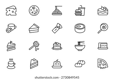 Lunch and Dinner Outline Icon Set – Meal and Food Linear Icons Collection Including Lunch, Eat, Dinner, Pasta, Rice, Pizza, Salad, Soup, Breakfast and More, Editable Stroke, Modern Vector Illustration