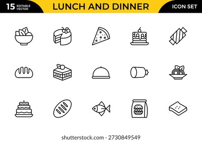 Lunch and Dinner Outline Icon Set – Meal and Food Linear Icons Collection Including Lunch, Eat, Dinner, Pasta, Rice, Pizza, Salad, Soup, Breakfast and More, Editable Stroke, Modern Vector Illustration