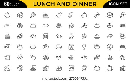 Lunch and Dinner Outline Icon Set – Meal and Food Linear Icons Collection Including Lunch, Eat, Dinner, Pasta, Rice, Pizza, Salad, Soup, Breakfast and More, Editable Stroke, Modern Vector Illustration