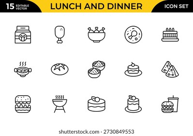 Lunch and Dinner Outline Icon Set – Meal and Food Linear Icons Collection Including Lunch, Eat, Dinner, Pasta, Rice, Pizza, Salad, Soup, Breakfast and More, Editable Stroke, Modern Vector Illustration