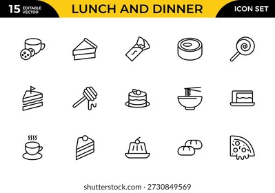 Lunch and Dinner Outline Icon Set – Meal and Food Linear Icons Collection Including Lunch, Eat, Dinner, Pasta, Rice, Pizza, Salad, Soup, Breakfast and More, Editable Stroke, Modern Vector Illustration