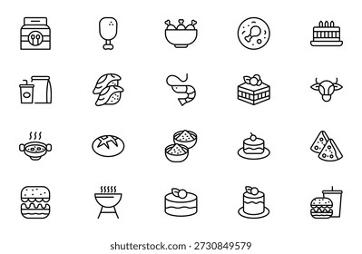 Lunch and Dinner Outline Icon Set – Meal and Food Linear Icons Collection Including Lunch, Eat, Dinner, Pasta, Rice, Pizza, Salad, Soup, Breakfast and More, Editable Stroke, Modern Vector Illustration
