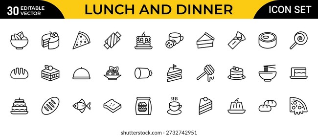 Lunch and Dinner Outline Icon Set – Meal and Food Thin Line Icons Collection Featuring Lunch, Dinner, Pasta, Rice, Pizza, Salad, Soup, Breakfast and More, Editable Stroke, Modern Vector Illustration