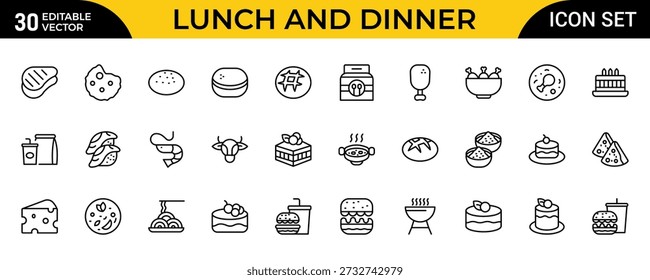 Lunch and Dinner Outline Icon Set – Meal and Food Thin Line Icons Collection Featuring Lunch, Dinner, Pasta, Rice, Pizza, Salad, Soup, Breakfast and More, Editable Stroke, Modern Vector Illustration
