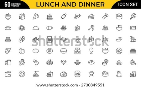 Lunch and Dinner Outline Icon Set – Meal and Food Linear Icons Collection Including Lunch, Eat, Dinner, Pasta, Rice, Pizza, Salad, Soup, Breakfast and More, Editable Stroke, Modern Vector Illustration