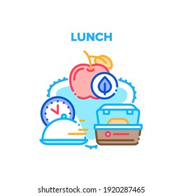 Lunch Dish Food Vector Icon Concept. Lunch Delicious And Natural Eco Fruit Apple, Fast Delivering Dish In Office Or Home, Package For Carrying Cooked Meal. Nutrition Transportation Color Illustration