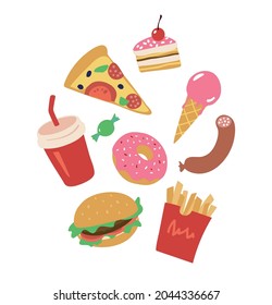 Lunch from fast food restaurant pizza hamburger soda and cake. Junk food illustrations set. Vector illustration isolated on white background.