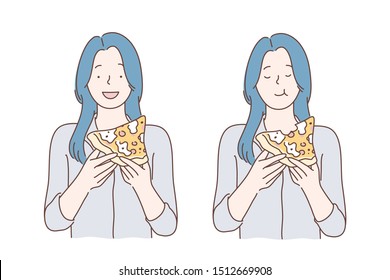 Lunch, fastfood, hunger, meal concept. Young satisfied hungry woman or girl eating pizza in coffee shop or office during break. Cheerful student or pupil in a good mood has breakfast between classes.