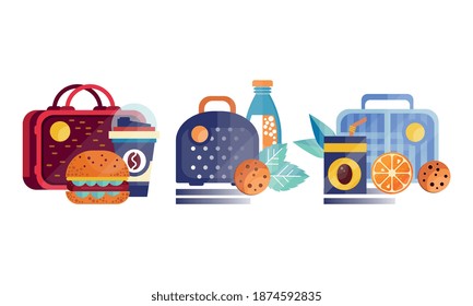 Lunch Food Boxes Set, Food For Children and Students with Various Ingredients Flat Vector Illustration