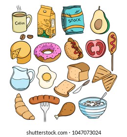 lunch food collection with colored doodle style