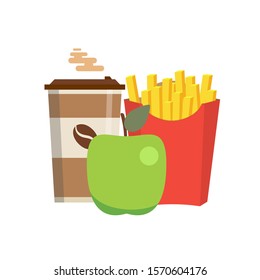 Lunch with french fries, apple and coffee takeaway on isolated background. Fast food. Flat design. Vector Illustration