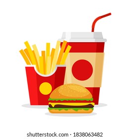 Lunch with french fries, burger and soda in trendy flat style. Take away fastfood. Restaurant junk food menu. Vector Illustration.