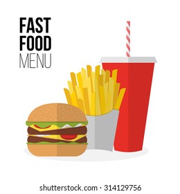 Lunch french fries, burger and soda takeaway isolated on white. Flat design. Fizzy drink, hot dog, cheeseburger, hamburger and other restaurant menu elements. Vector poster of unhealthy fast food