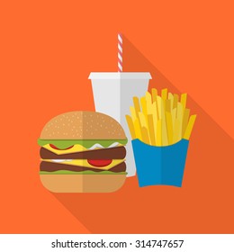 Lunch french fries, burger and soda takeaway. Flat design. Fizzy drink, hot dog, cheeseburger, hamburger and other restaurant menu elements. Vector poster of unhealthy fast food