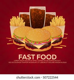 Lunch with french fries, burger and soda takeaway on isolated background. Fast food. Vector Illustration
