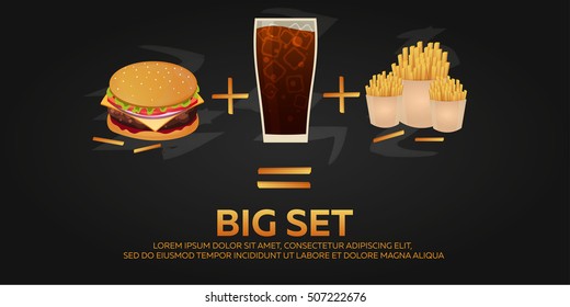 Lunch with french fries, burger and soda takeaway on isolated background. Big set. Fast food. Vector Illustration