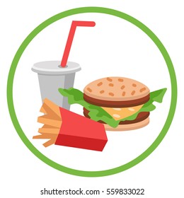 Lunch french fries, burger and soda. Flat design. Vector illustration of fast food