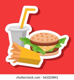 Lunch french fries, burger and soda. Flat design. Vector illustration of fast food