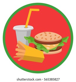 Lunch french fries, burger and soda. Flat design. Vector illustration of fast food